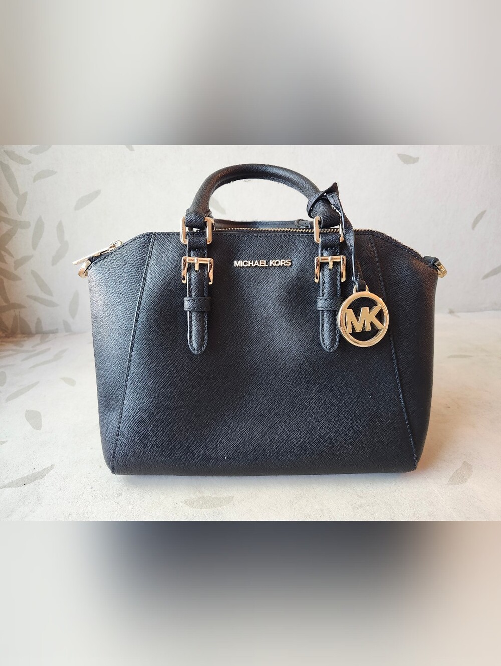 Michael Kors Black Saffiano Satchel with Gold MK Charm